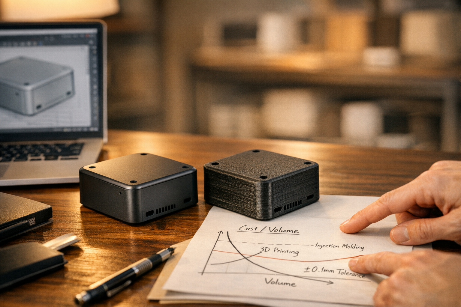 Kostenvergelijking productietechnieken bij verschillende volumes