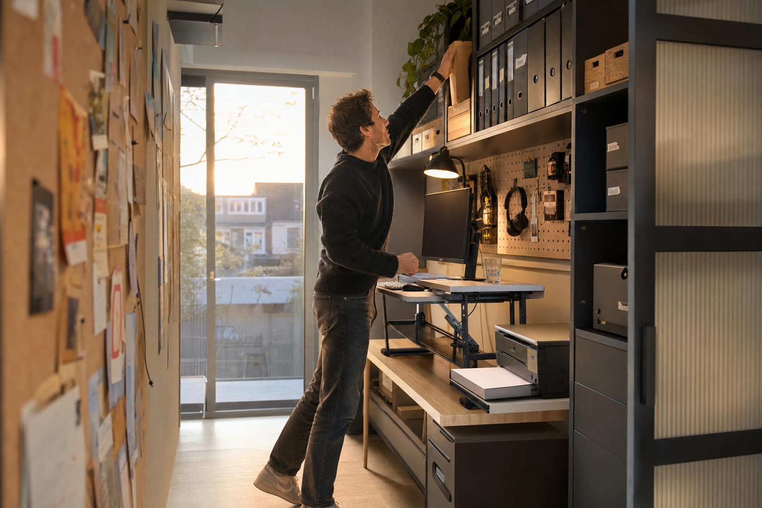 Ergonomische werkplek in compact kantoor met slimme opbergoplossingen